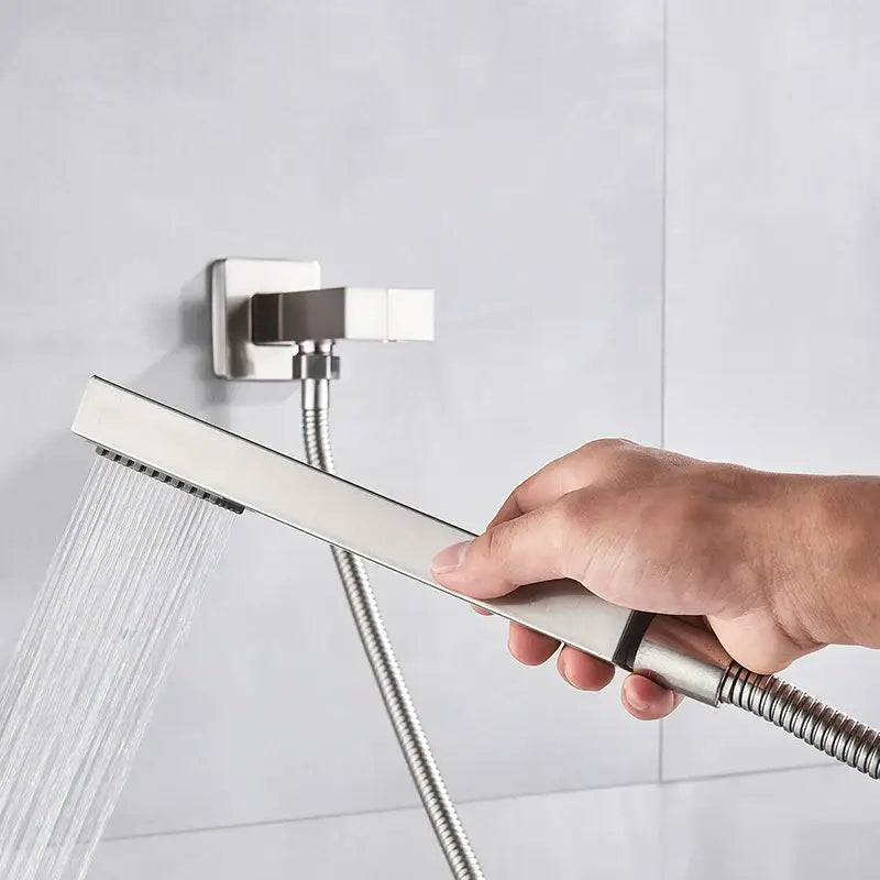 Modern brushed nickel shower faucet set featuring a stainless steel rectangular handheld showerhead with flexible hose