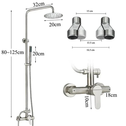 Modern brushed nickel rainfall shower system with 32cm curved arm 20cm rainhead and adjustable handheld spray by decorbites