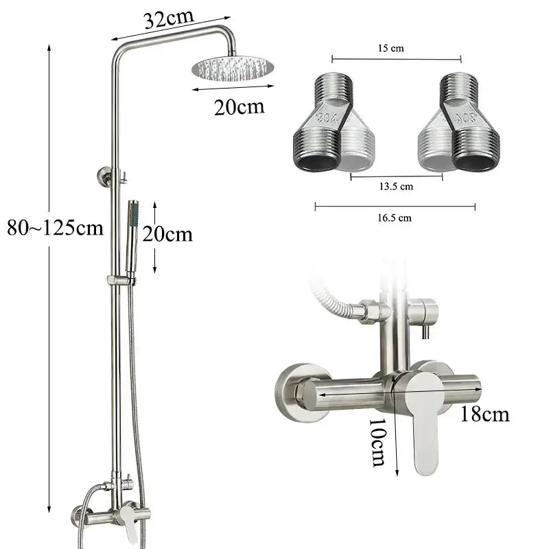 Modern brushed nickel rainfall shower system with 32cm curved arm 20cm rainhead and adjustable handheld spray by decorbites