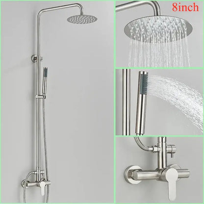 Modern brushed nickel rainfall shower system with an 8-inch rainhead handheld spray nozzle and wall-mounted control valve