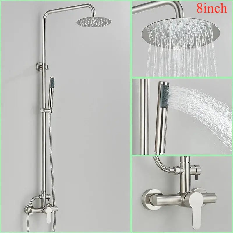 Modern brushed nickel rainfall shower system with an 8-inch rainhead handheld spray nozzle and wall-mounted control valve