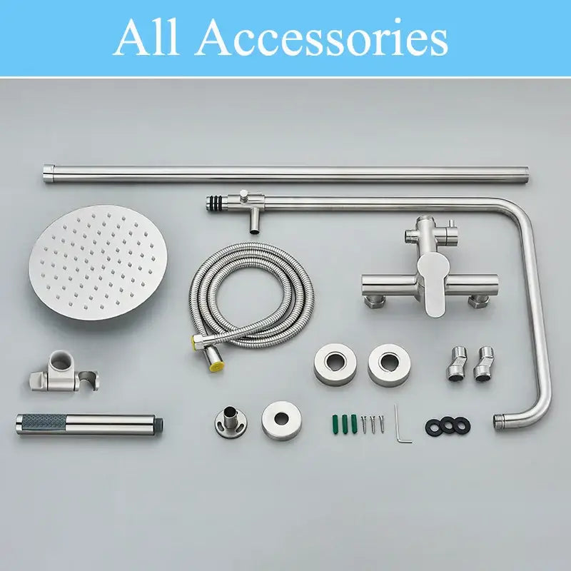 Modern brushed nickel rainfall shower system with stainless steel faucet set and handheld spray in polished finish