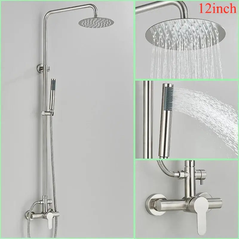 Stainless steel 12-inch round shower head with matching handheld spray and wall-mounted valve in decorbites brushed nickel rainfall shower system