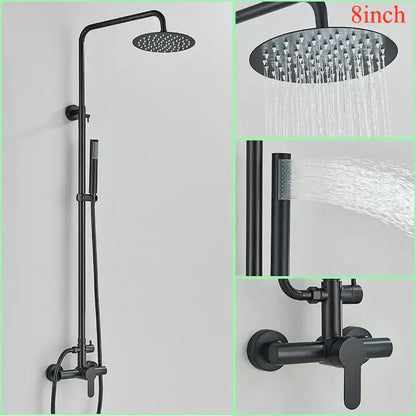Modern brushed nickel rainfall shower system with black matte finish 8-inch rainhead and handheld spray nozzle decorbites brushed nickel