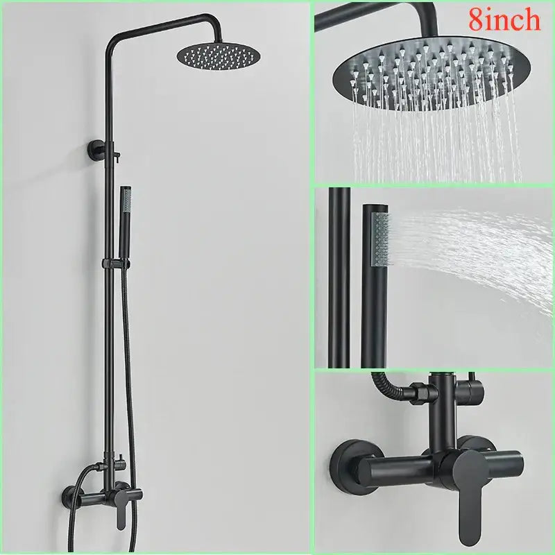 Modern brushed nickel rainfall shower system with black matte finish 8-inch rainhead and handheld spray nozzle decorbites brushed nickel