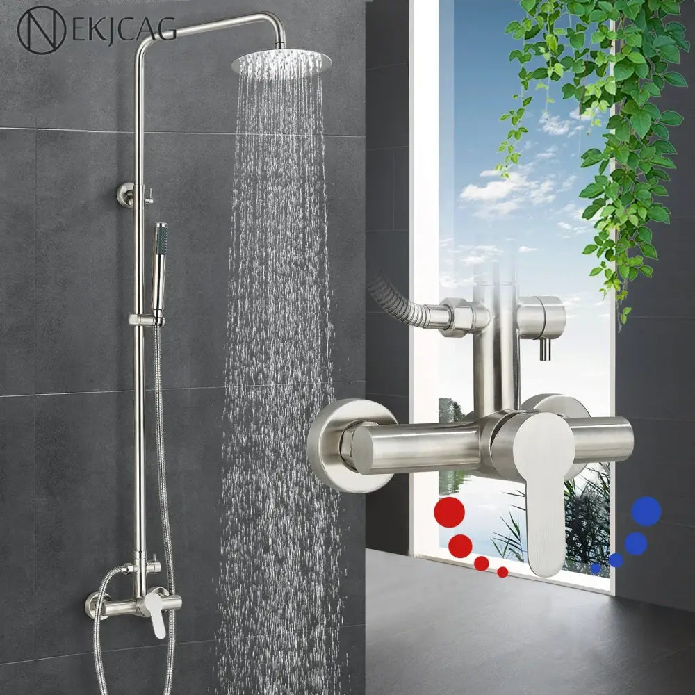 Modern brushed nickel rainfall shower system with stainless steel rain shower head and adjustable handheld spray decorbites brushed nickel