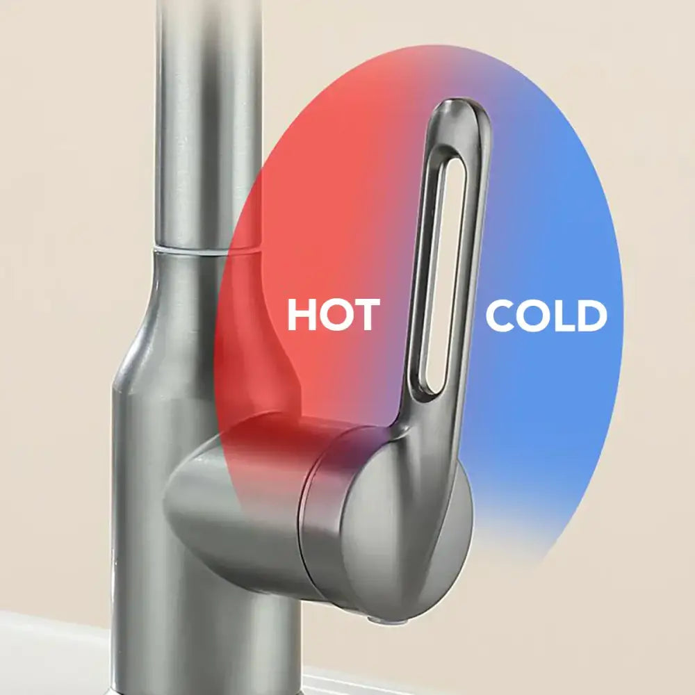 Modern brushed nickel rotation stainless steel kitchen faucet with sleek minimalist design and integrated water control indicators