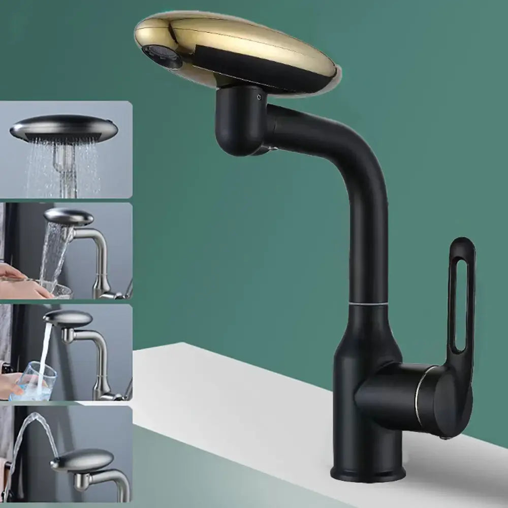 Modern brushed nickel rotation stainless steel kitchen faucet with black matte curved spout and gold pull-down spray head