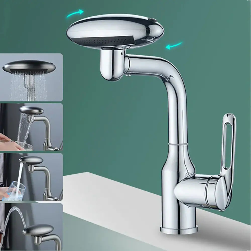 Modern brushed nickel rotation stainless steel kitchen faucet with chrome finish and curved spout featuring versatile showerhead rotation