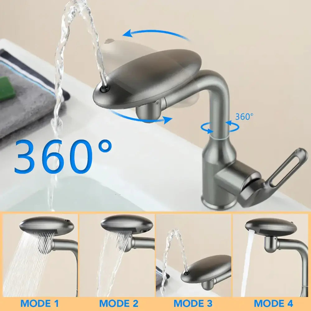 Modern brushed nickel rotation stainless steel kitchen faucet with sleek curved spout and four water flow modes
