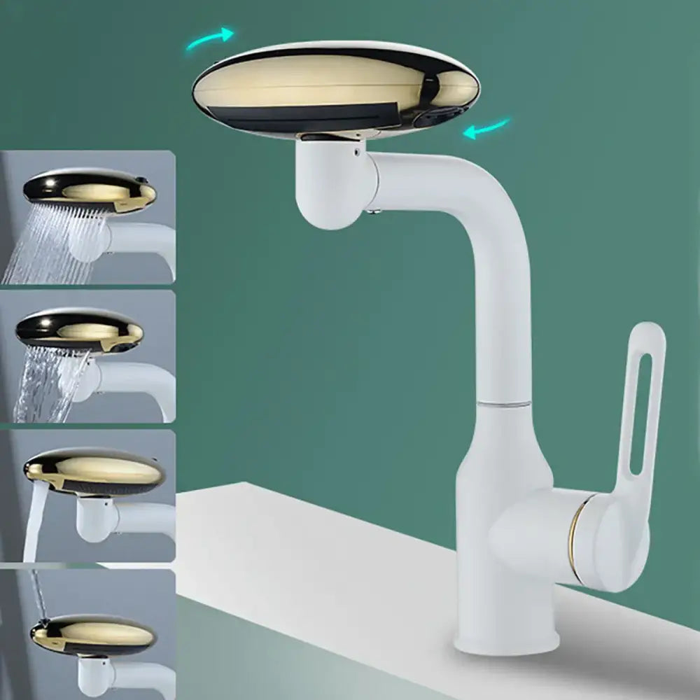 Modern brushed nickel rotation stainless steel kitchen faucet with a sleek white body and gold black rotating spray head
