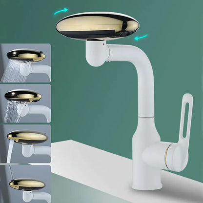 Modern brushed nickel rotation stainless steel kitchen faucet with a sleek white body and gold black rotating spray head