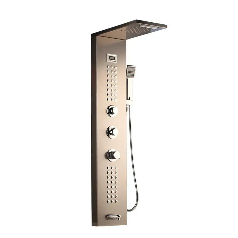 Modern brushed nickel shower column with tub spout featuring rain shower tower and handheld sprayer by decorbites brushed nickel