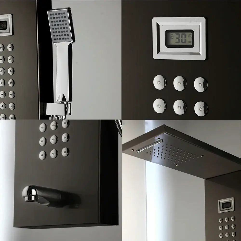 Modern brushed nickel shower column with digital temperature display handheld showerhead and multiple control buttons for decorbites brushed nickel