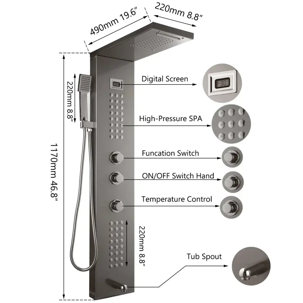 Modern brushed nickel shower column with digital screen high-pressure spa spray settings and tub spout decorbites brushed nickel