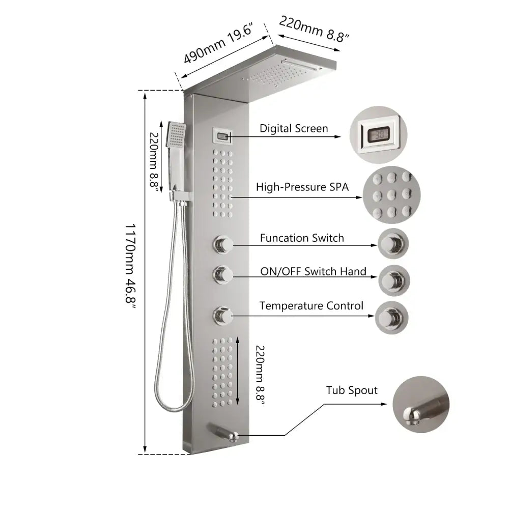 Modern brushed nickel shower column with stainless steel rain shower system digital display and multiple spray settings decorbites brushed nickel