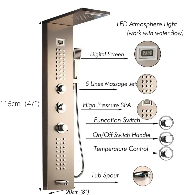 Modern brushed nickel shower column with led light digital screen massage jets spa function and tub spout decorbites brushed nickel