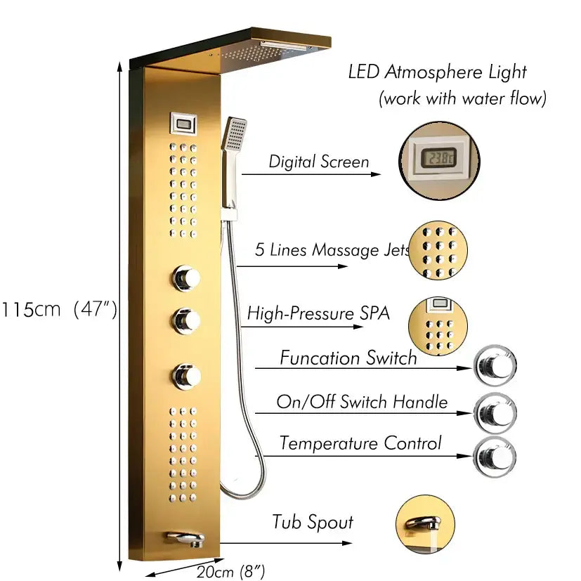 Modern brushed nickel shower column with gold finish led atmosphere light and digital screen by decorbites brushed nickel