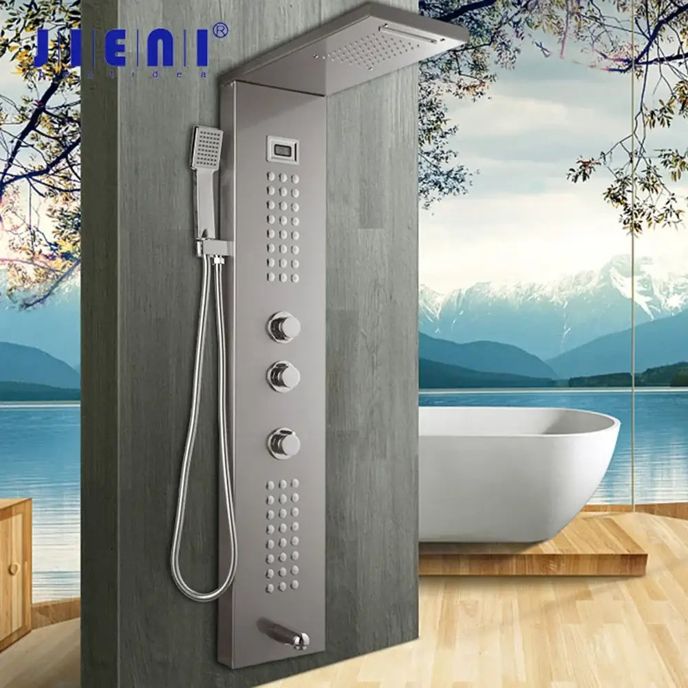 Modern brushed nickel shower column with tub spout and rain shower system featuring multiple control knobs decorbites brushed nickel
