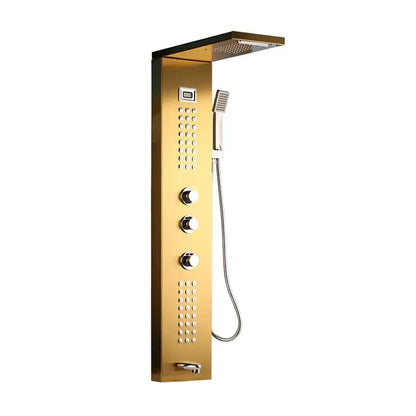 Modern brushed nickel shower column with gold-finished rainhead and multiple controls decorbites brushed nickel bathroom system