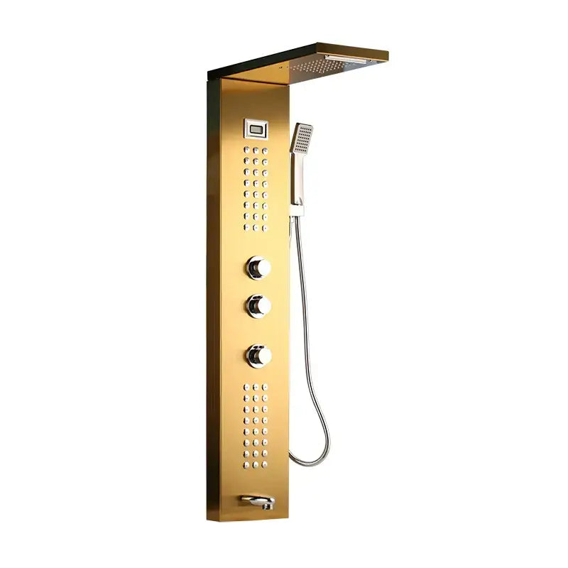 Modern brushed nickel shower column with gold-finished rainhead and multiple controls decorbites brushed nickel bathroom system