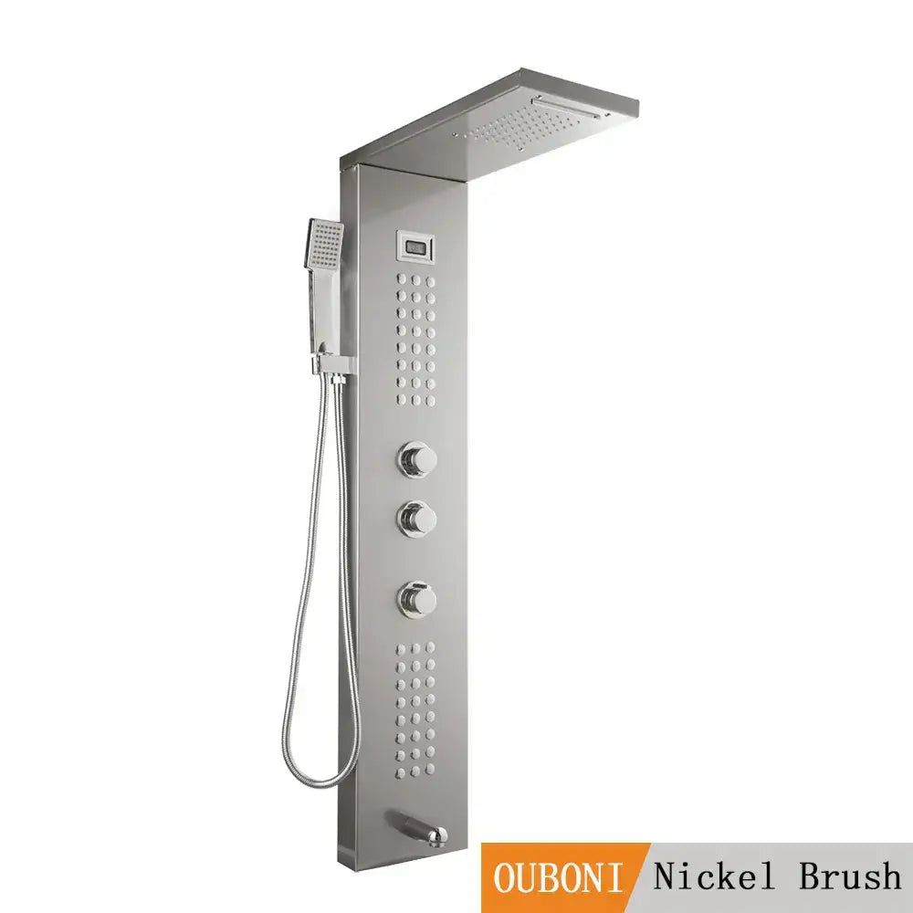 Modern brushed nickel shower column with nickel-brushed stainless steel rainfall panel and tub spout decorbites brushed nickel
