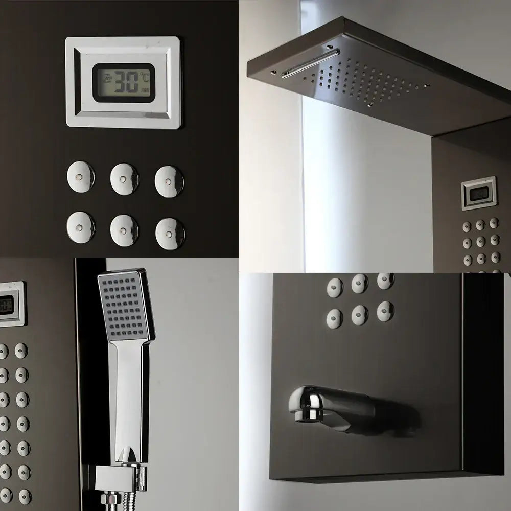 Modern brushed nickel shower column with tub spout featuring a chrome-finished rainhead and digital temperature display decorbites brushed nickel