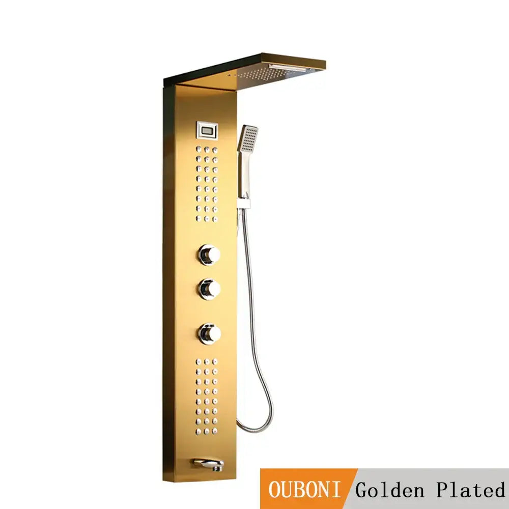 Golden plated wall-mounted shower column with rectangular rainhead, multiple controls and handheld spray head for bathroom decorbites brushed nickel collection