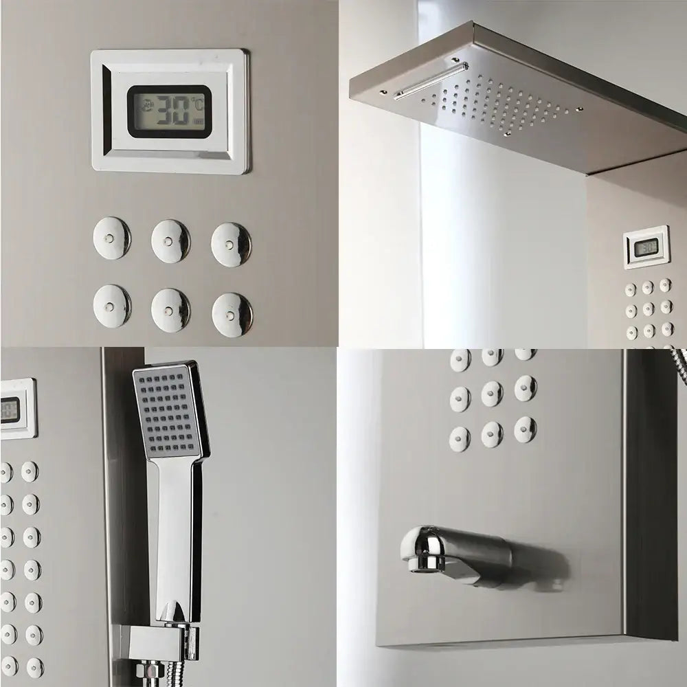Modern brushed nickel shower column with chrome finish digital temperature display and sleek handheld showerhead decorbites brushed nickel