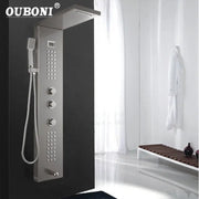 Modern brushed nickel shower column by Ouboni with sleek chrome finish overhead rain shower and multiple control knobs