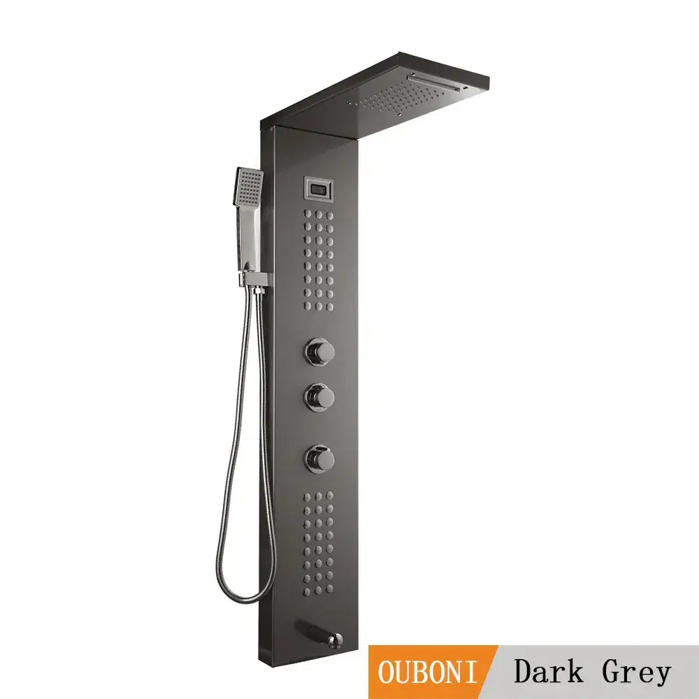 Modern brushed nickel shower column with dark grey ouboni rain shower panel and handheld showerhead decorbites brushed nickel