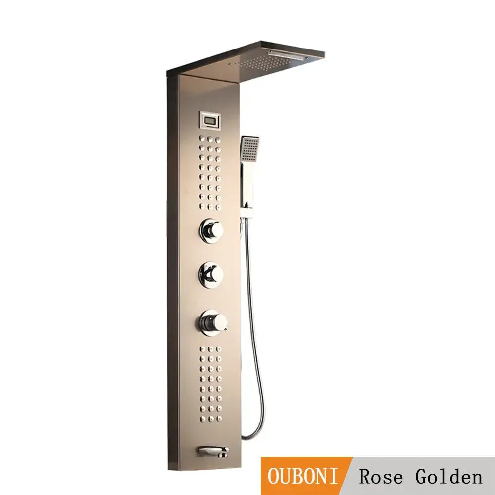 Modern brushed nickel shower column with tub spout featuring rose gold ouboni panel and overhead rainhead spray settings