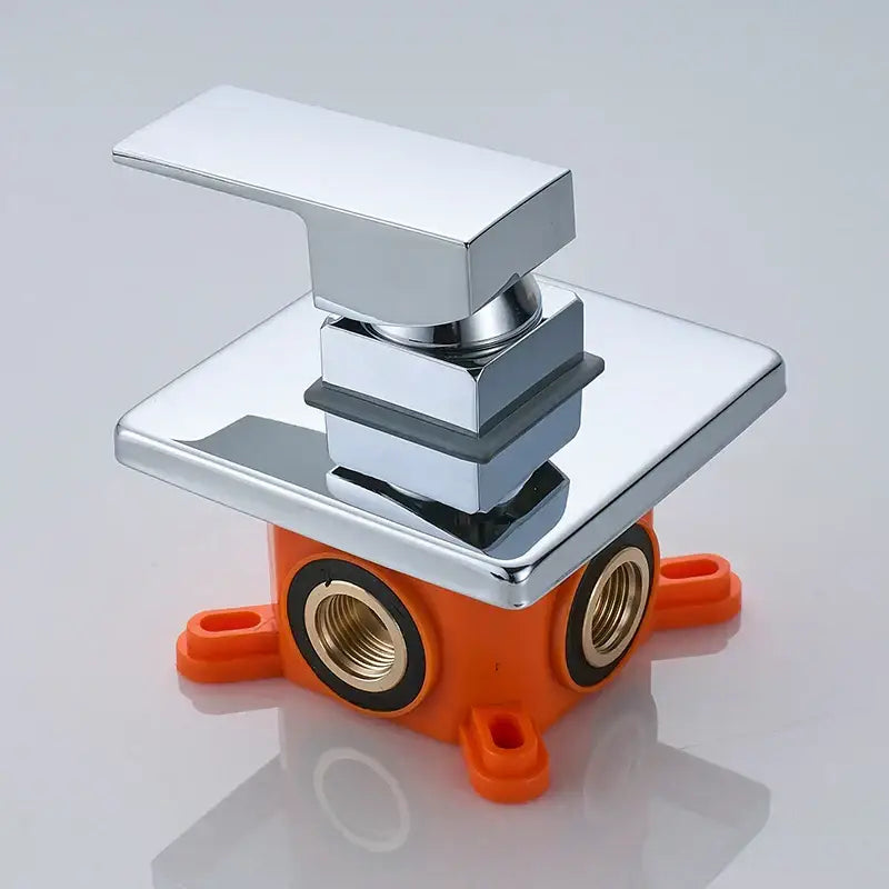 Modern brushed nickel shower mixer valve with chrome-finished square design and bright orange plastic mounting base decorbites brushed nickel