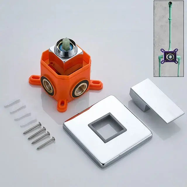 Modern brushed nickel mixer valve with orange plastic body brass threaded ports and chrome square escutcheon plate decorbites