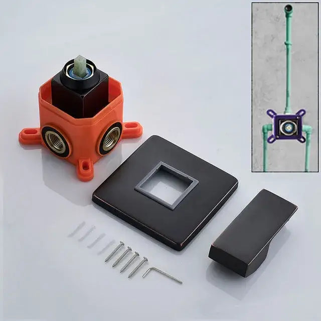 Orange plastic wall-mounted faucet connector with black metal and brass fittings for modern brushed nickel mixer valve decorbites