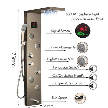 Modern brushed nickel shower panel with led display featuring digital temperature and massage jets for bathroom decorbites