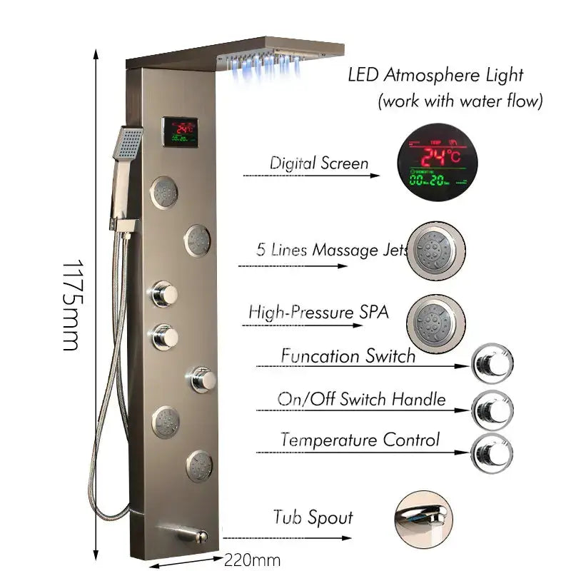 Modern brushed nickel shower panel with led display featuring digital temperature and massage jets for bathroom decorbites
