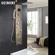 Modern brushed nickel ouboni shower panel with led display and multiple control knobs for bathroom decorbites brushed nickel