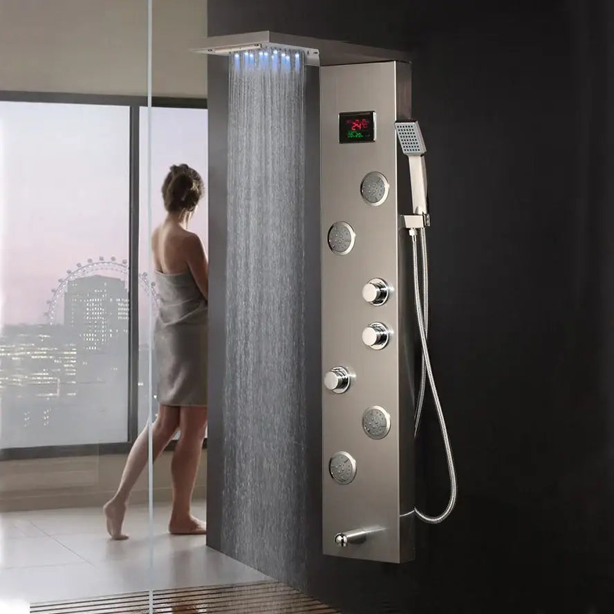 Modern brushed nickel shower panel with led display featuring stainless steel rain shower system and multiple control knobs decorbites brushed nickel