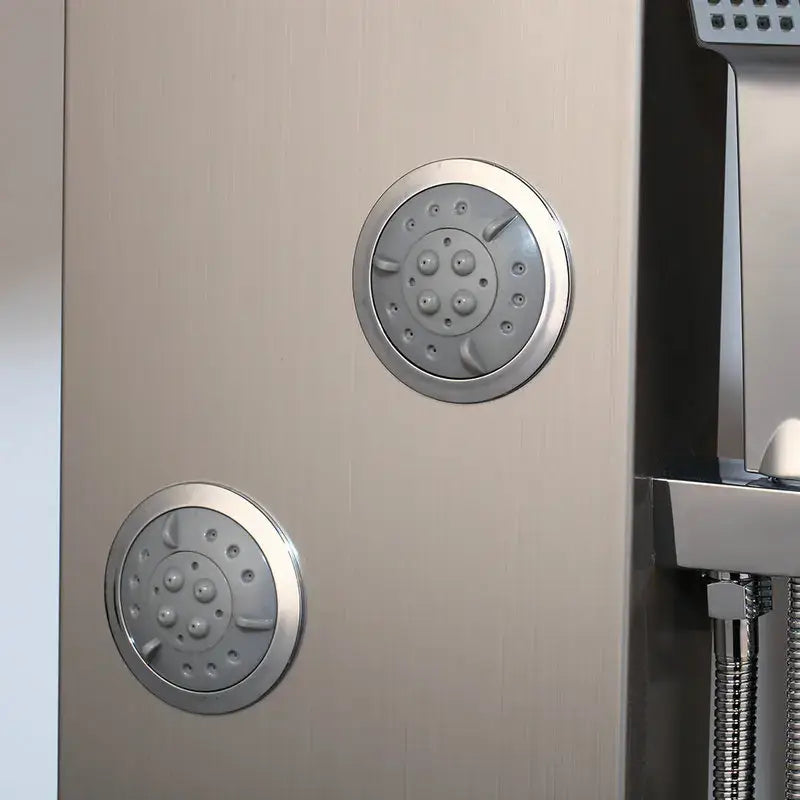 Modern brushed nickel shower panel featuring a stainless steel showerhead with circular design and multiple spray nozzles decorbites brushed nickel