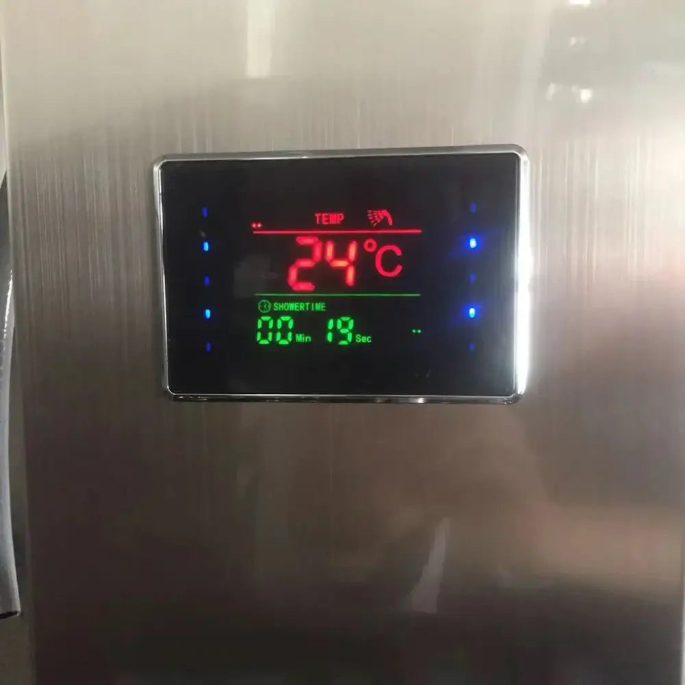 Digital display panel with red and green led readouts mounted on brushed nickel shower panel by decorbites