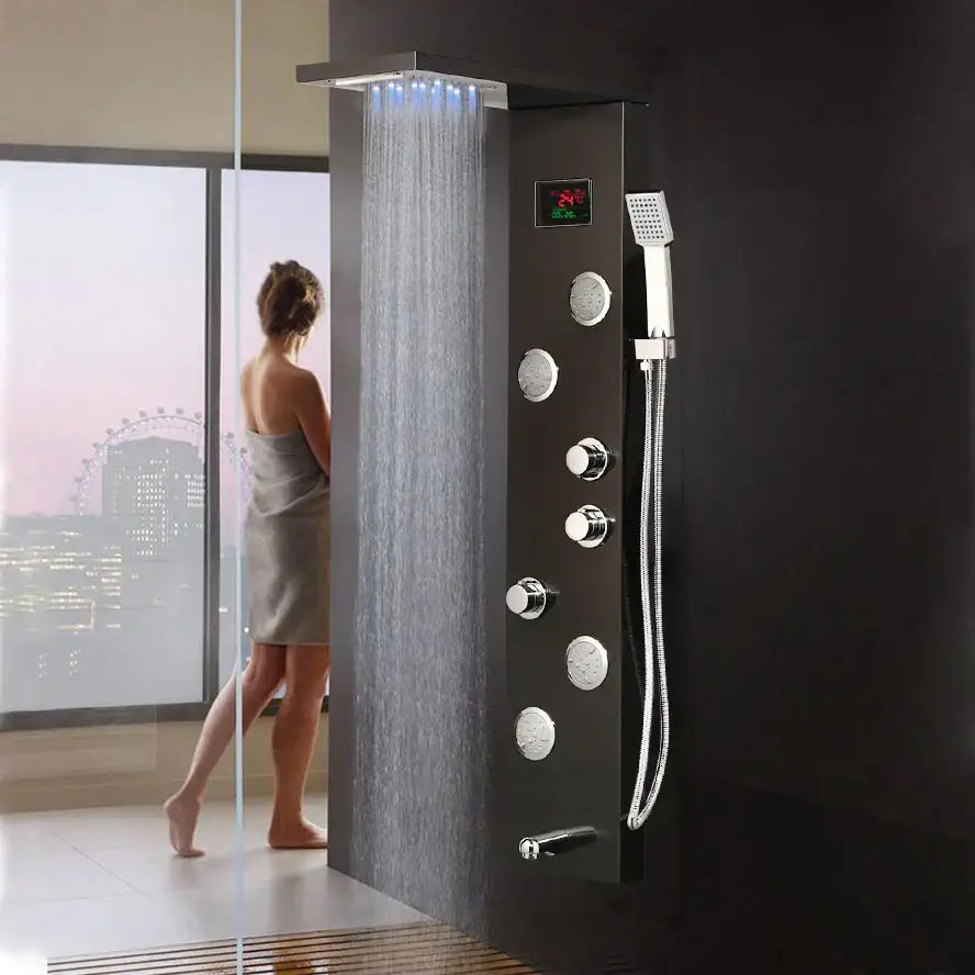 Modern brushed nickel shower panel with black chrome finish multiple control knobs and handheld showerhead decorbites brushed nickel