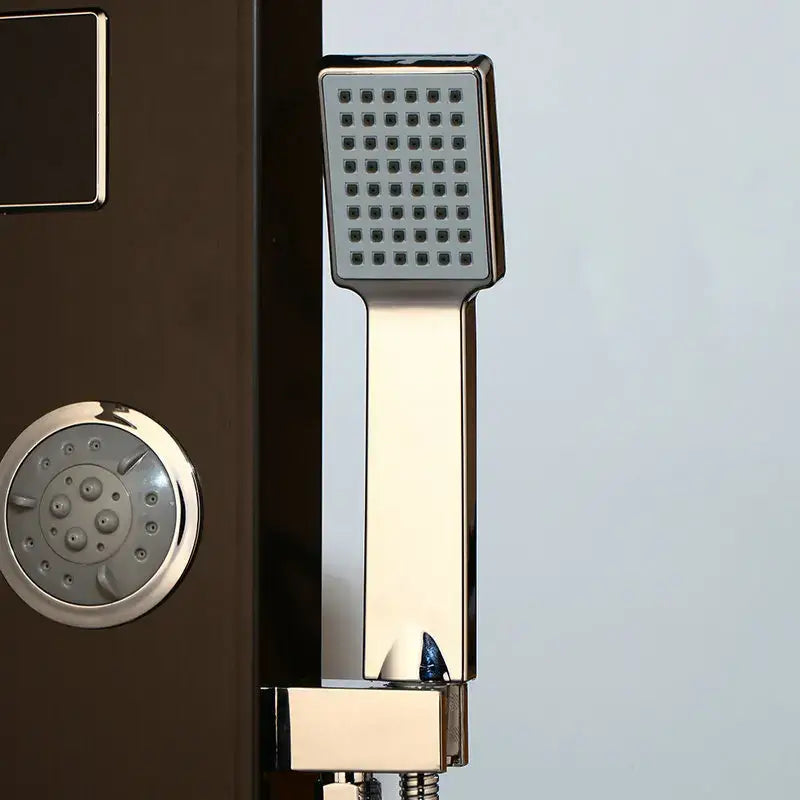 Modern chrome handheld showerhead with square face and nozzles in decorbites brushed nickel shower panel with led display