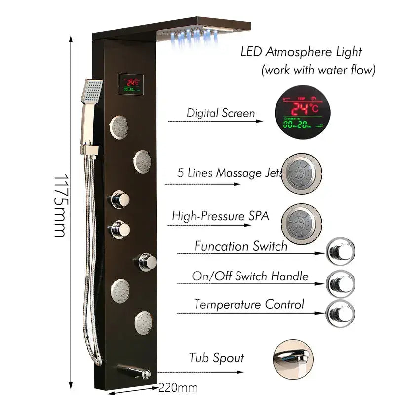 Modern brushed nickel shower panel with black chrome finish digital temperature display and multiple spray settings decorbites brushed nickel