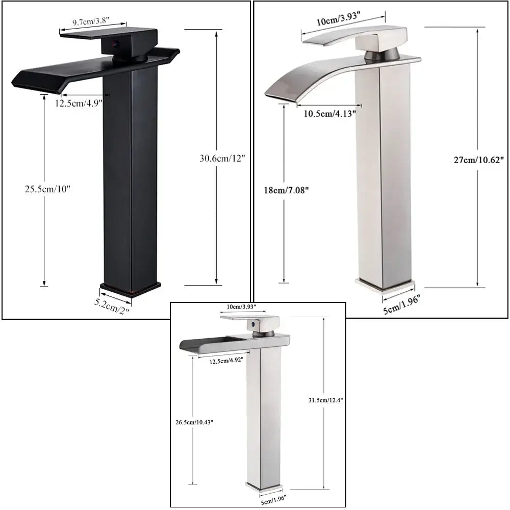 Modern brushed nickel and black single lever basin faucets with sleek waterfall spouts for bathroom use