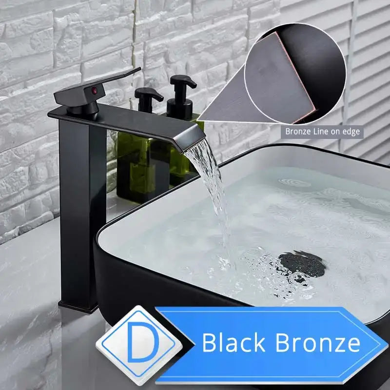 Black bronze single lever waterfall basin faucet with brushed nickel finish and subtle bronze line accent for bathroom use