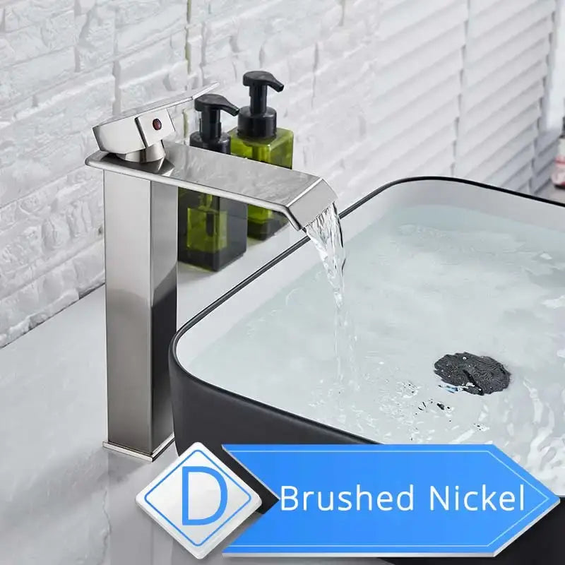 Modern brushed nickel basin faucet with single lever and sleek rectangular waterfall spout for bathroom use