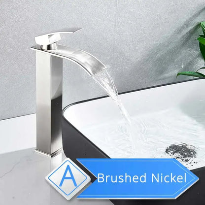 Modern brushed nickel single lever basin faucet with sleek waterfall design for bathroom use