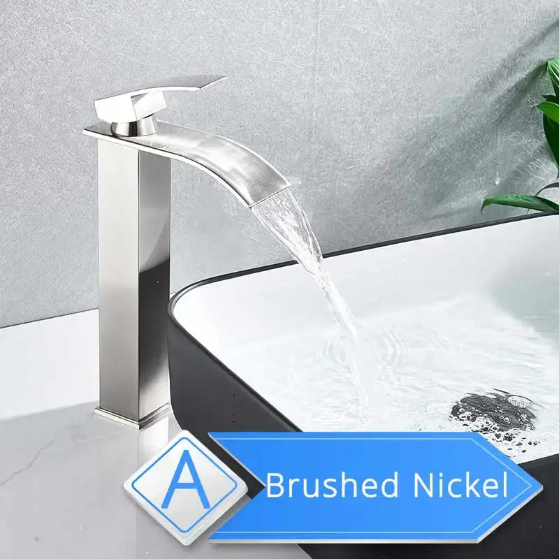 Modern brushed nickel single lever basin faucet with sleek waterfall design for bathroom use