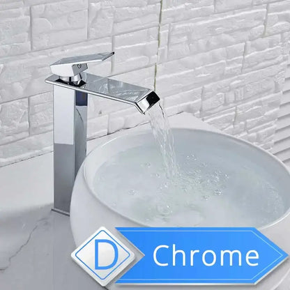 Modern brushed nickel basin faucet with single lever and chrome finish featuring a rectangular spout and tall base